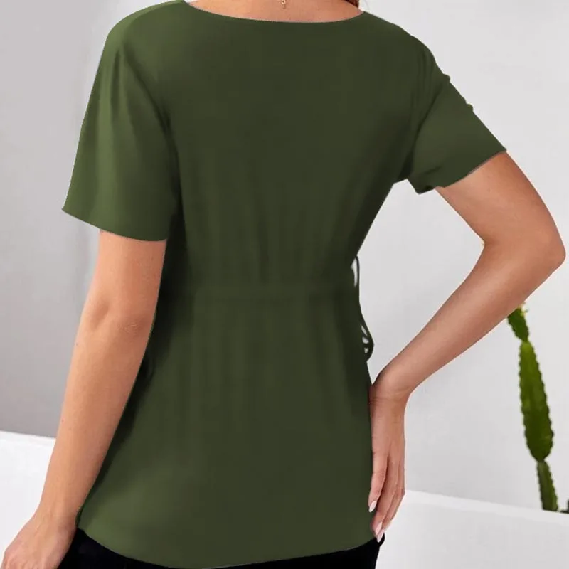 Top largo de maternidad para mujer embarazada, camisa de manga corta con cuello en V, cintura alta con cordón, bordado dulce, vestido de baile, blusa de verano