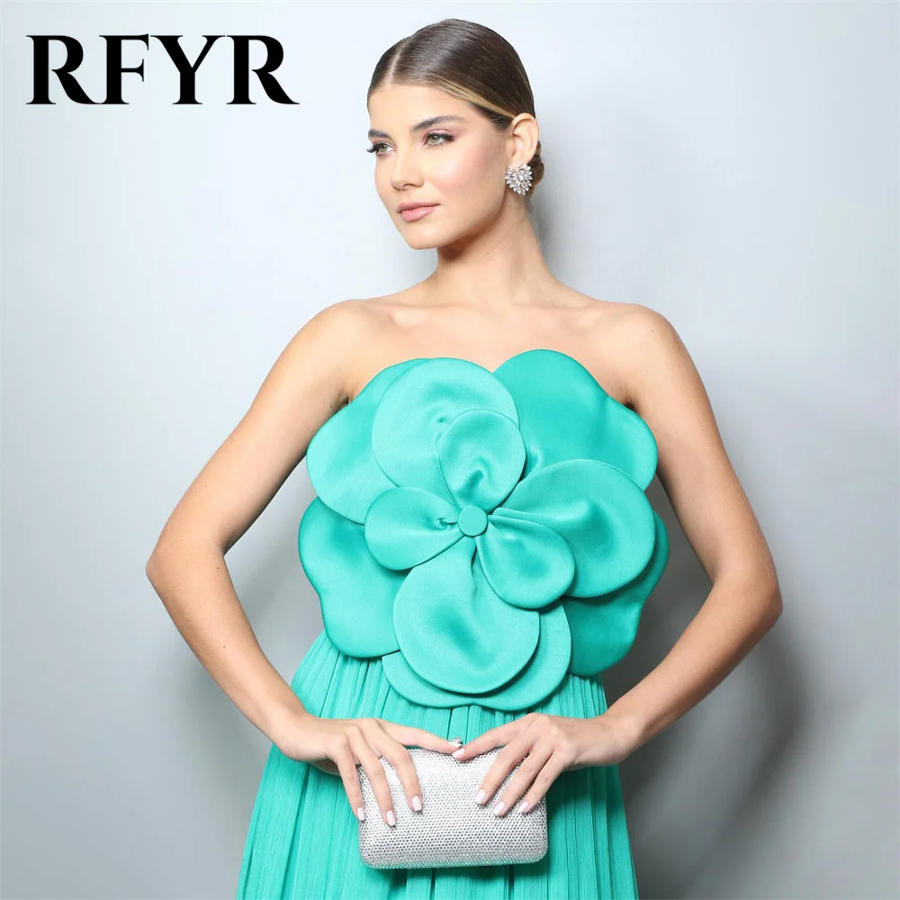 RFYR Chiffon Turquoise Prom Dresses Strapless Evening Dresses With 3D Flower Party Dress Floor Lenght  فساتين مناسبة رسم