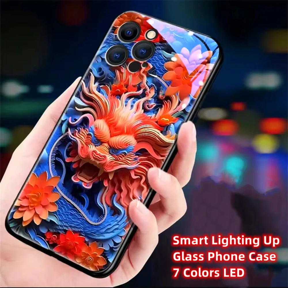 Origami Lucky Dragon Sound Control LED Flash Case Luminous Cover For iPhone 16 15 14 13 12 11 Pro Max XR XS Plus 6 7 8 SE2020