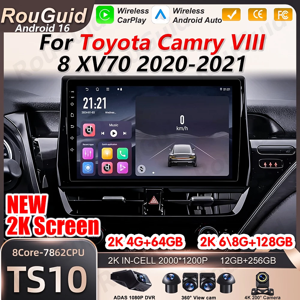 

Android 16 Car Radio Auto For Toyota Camry VIII 8 XV70 2020-2021 Video Multimedia Player GPS Navigation 2k Touch Screen Wireless