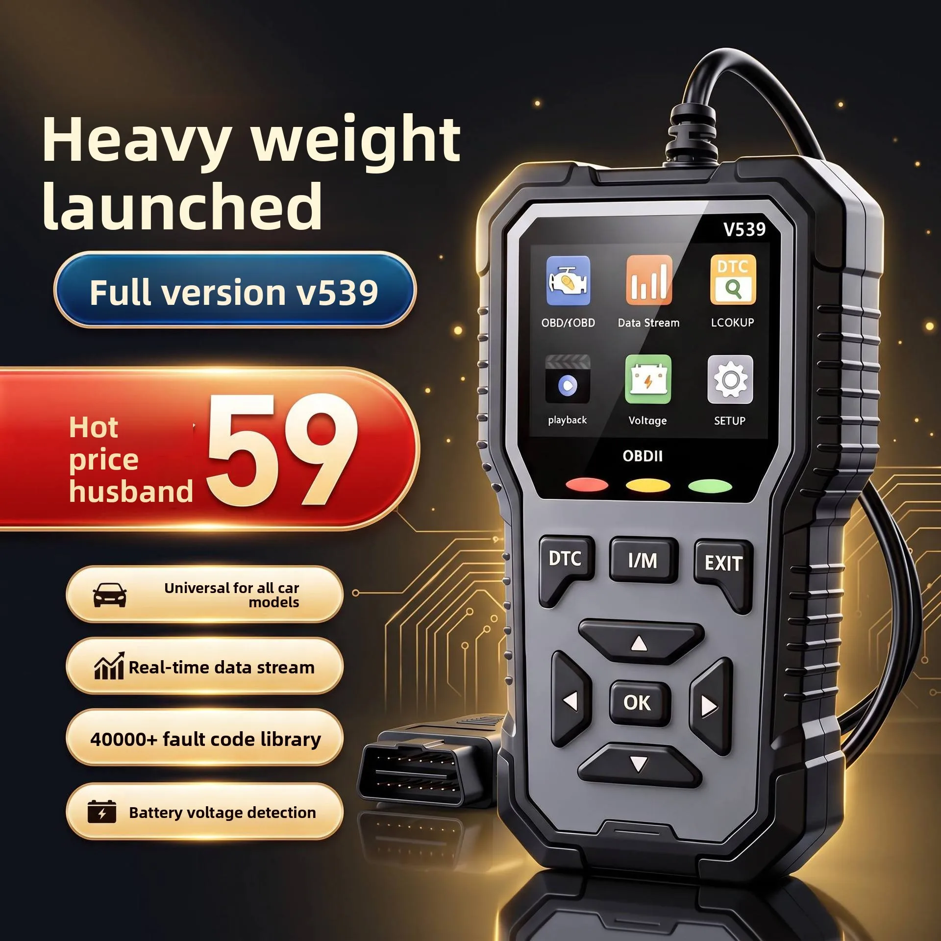 V539 Handheld OBD2 EOBD CAN Diagnostic Scanner for Engine Fault Codes, Live Data Stream, Freeze Frame and Battery Test on