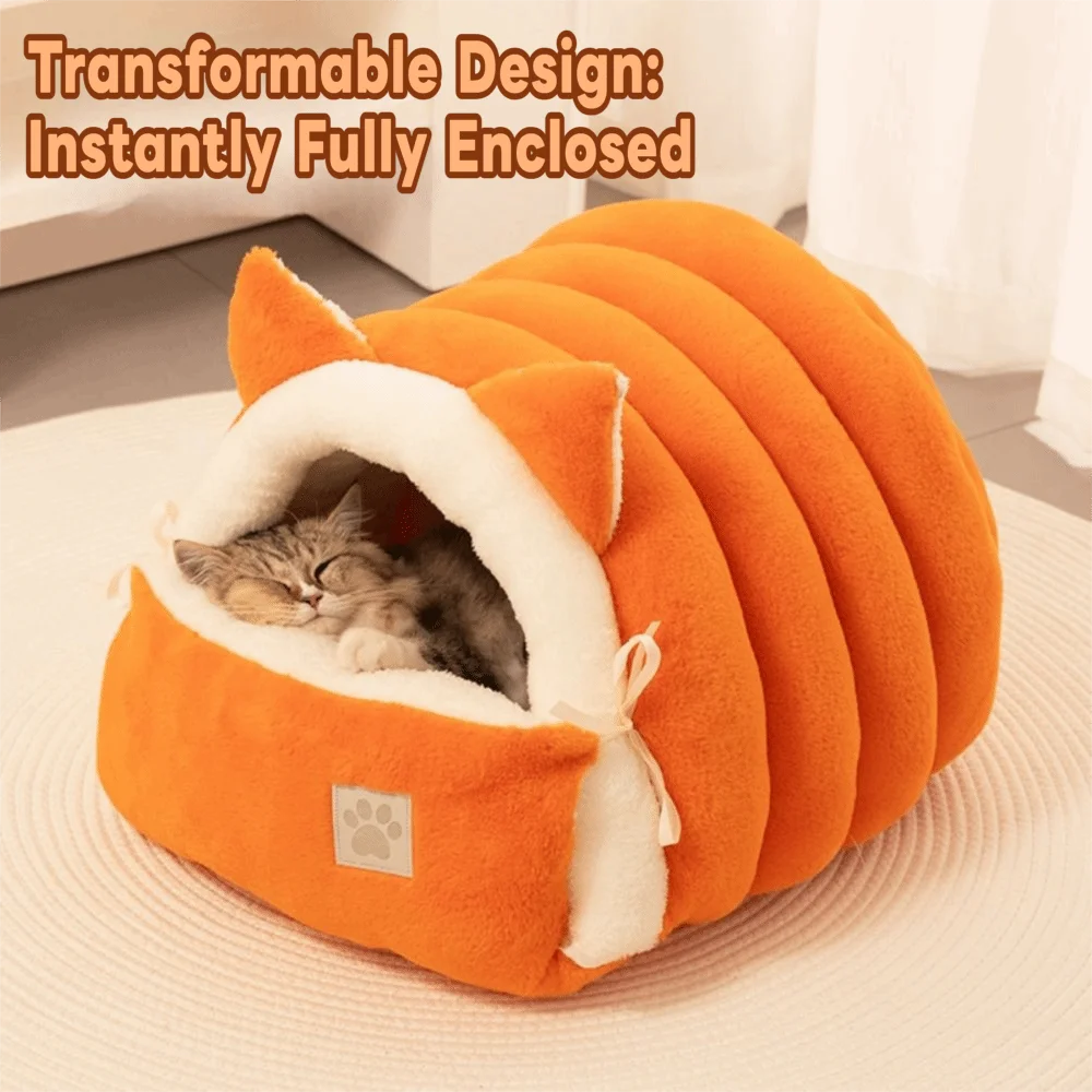 

Comfortable Semi Enclosed Cat Bed with Cat Ears Warm Windproof Pet Nest Removable Washable Pet House Pet