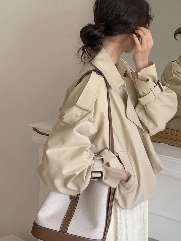 

Chic Autumnal ort Casual Long Sve Suit Collar Two Button Loose Women's Windbreaker Jaet Vintage Sle Polyester Fiber