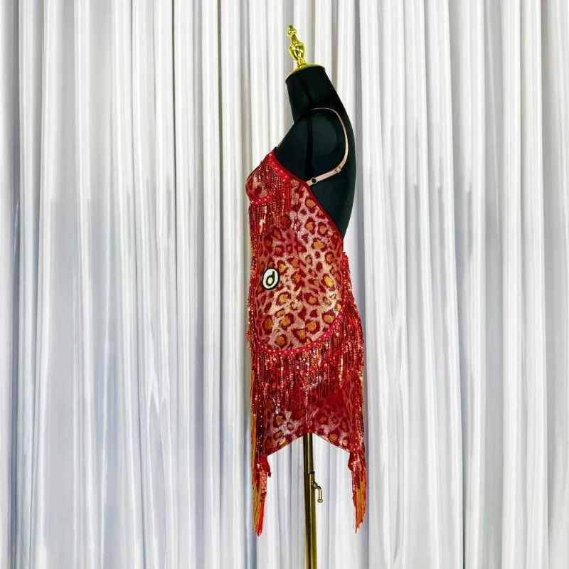 Latin floral costume, leopard print Latin dance performance costume, women's red sequins, tassel, irregular hem dance costume
