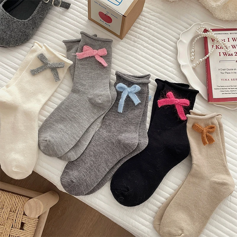 Simple Lovely Cozy Yarn Bow Socks Autumn Winter Hosiery Thickened Plush Warm Sleep Home Fluffy Socks