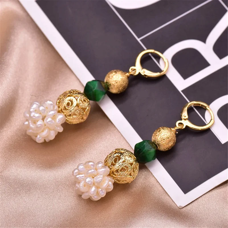 Natural Green Tiger Eye Pearl Set Earrings European American Ethnic Vintage Original Handmade Pearl Charm Earrings Women Jewelry