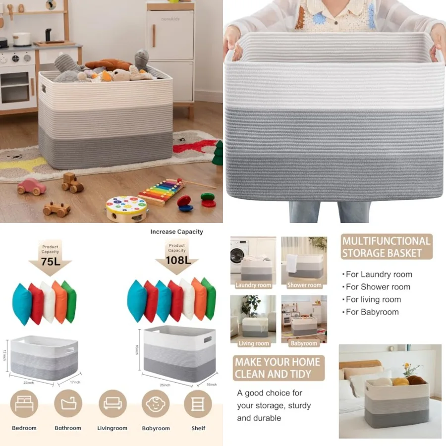 

108L Large Cotton Rope Basket, Rectangle Woven Baskets for Storage, Nursery Blanket Storage Living Room, Toy Basket With Handle
