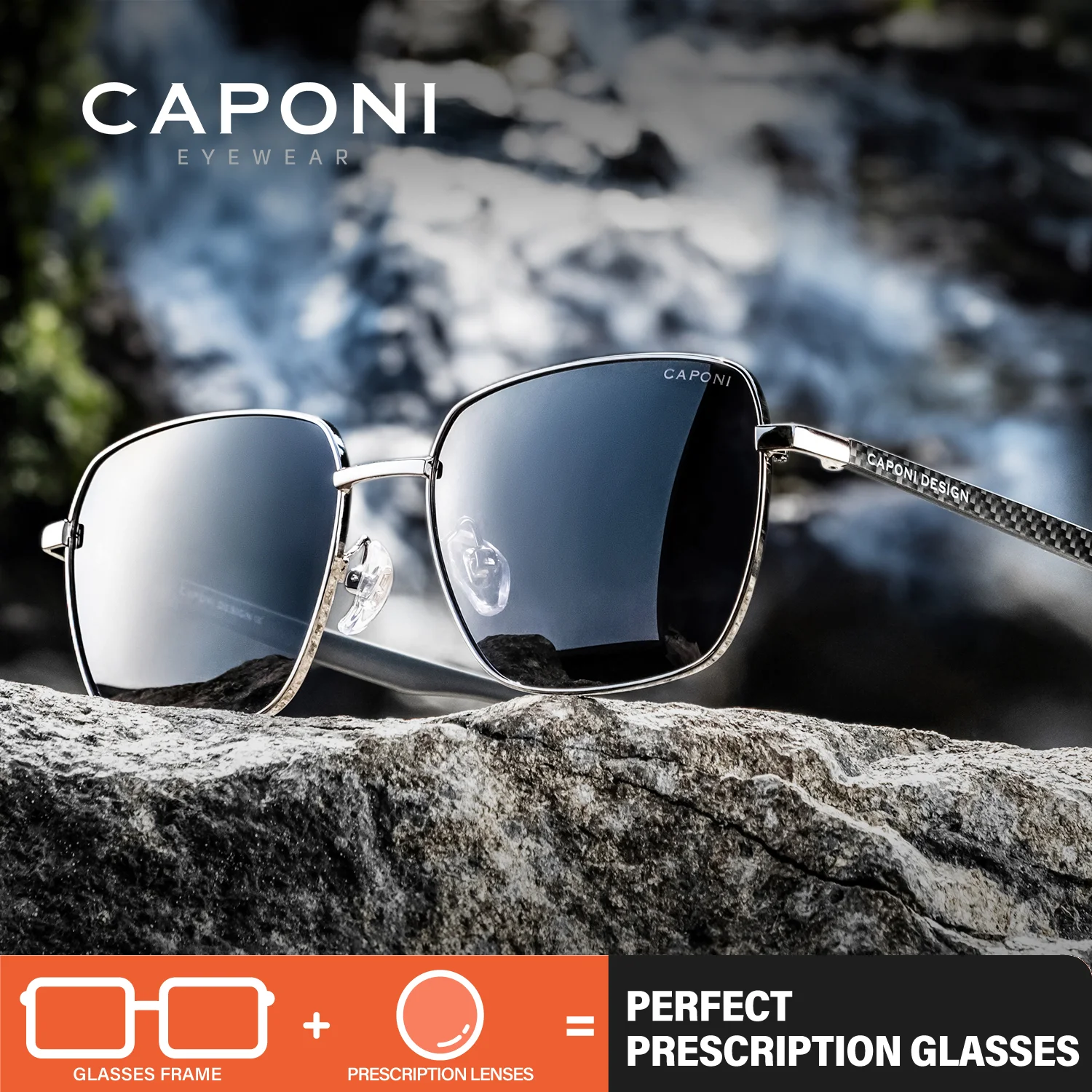 CAPONI وصفة طبية الاستقطاب الرجال النظارات الشمسية للرؤية الليلية ألياف الكربون قصر النظر نظارات القراءة التقدمية ظلال سوداء PJ34713