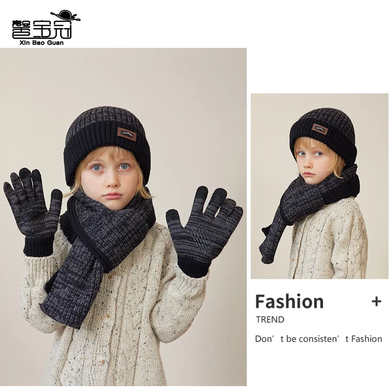 Children's Hat Scarf Gloves Three-Piece Set Winter Boy Outdoor Keep Warm Fleece-Lined Knitting Woolen Cap-Border