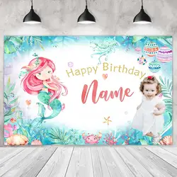 Under The Sea-Mermaid Party Backdrops Girl Birthday Photography Cake Smash Light Green Background Shoot Customize Name Photo