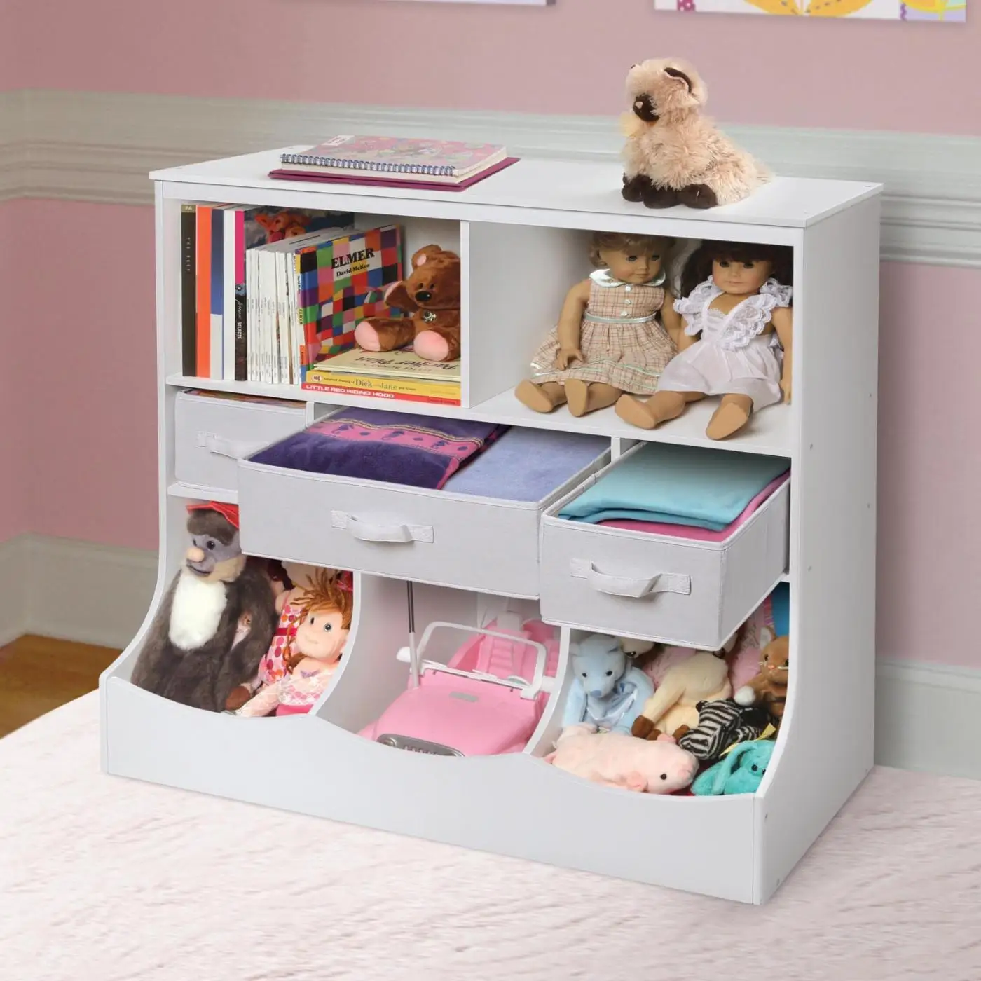 

Kids Toy Storage Organizer, Organization Storage Cabinet W/Display Shelf & 3 Removable Fabric Bins, Wooden Toy Storage Unit