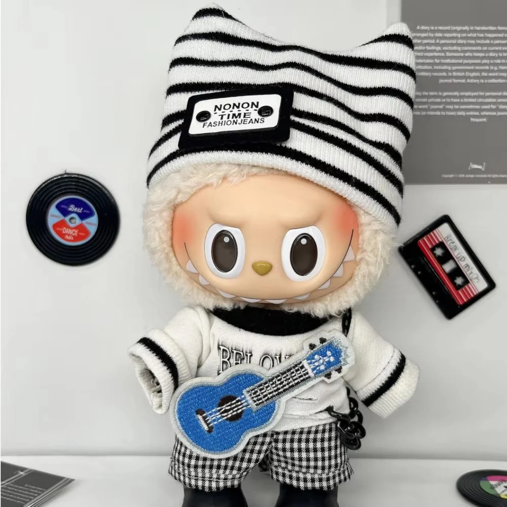

For 15/17CM Labubu Plush Idol Doll Hip Hop Style T-Shirt Pants Hat Guitar 4PCS/Pack Fashion Music Star Fans Gifts