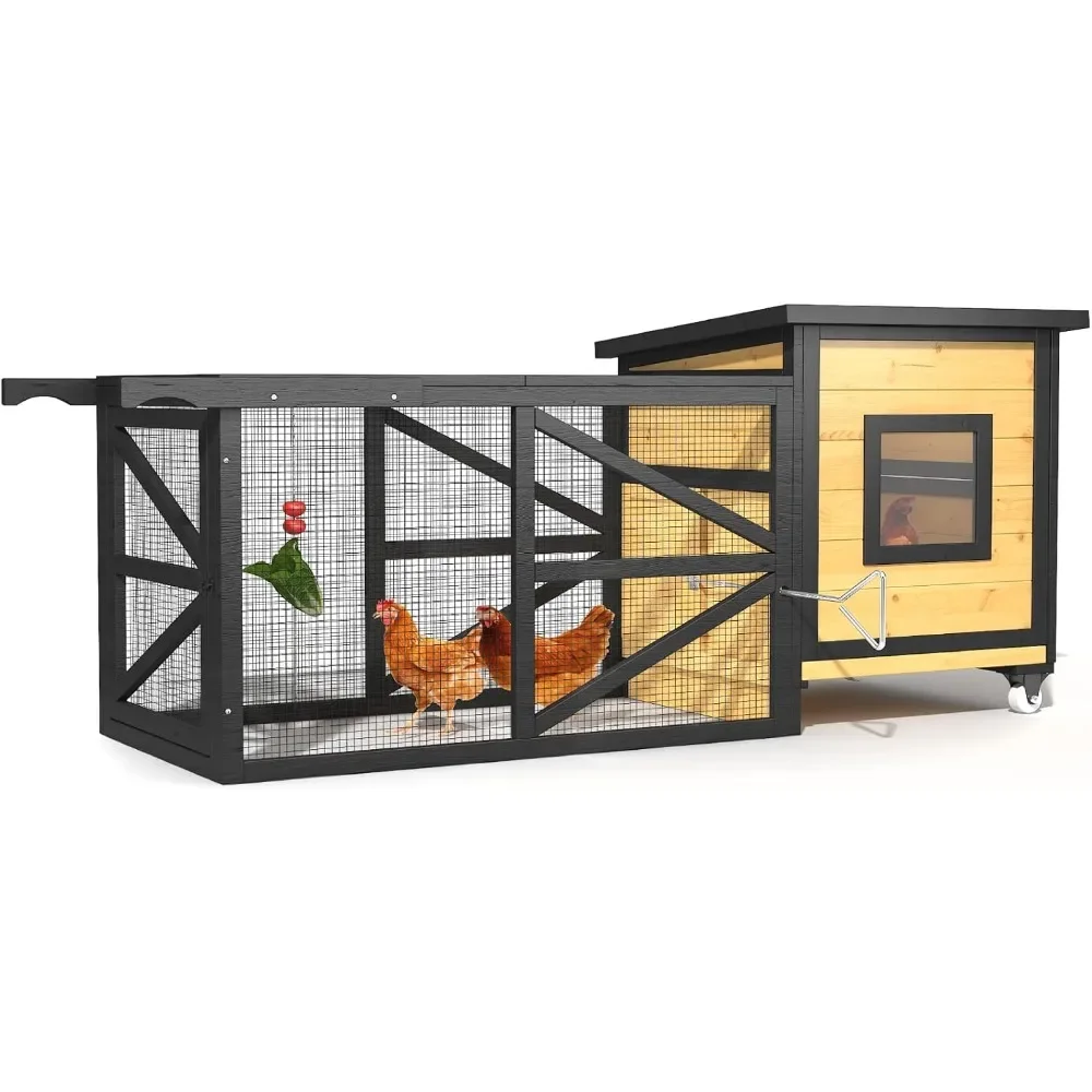 

71'' Chicken Coop, Chicken House for Outside, Outdoor Duck Coop, Wooden Mobile Chicken Coops with Run & Waterproof Asphalt Roof