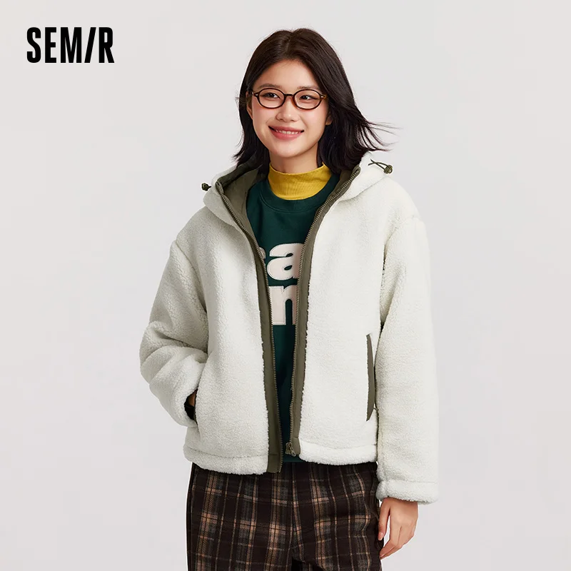 

Semir Hooded Jacket Women Anti Static Faux Sherpa Loose Fit Color Block Coat 2025 New Winter Mall Style