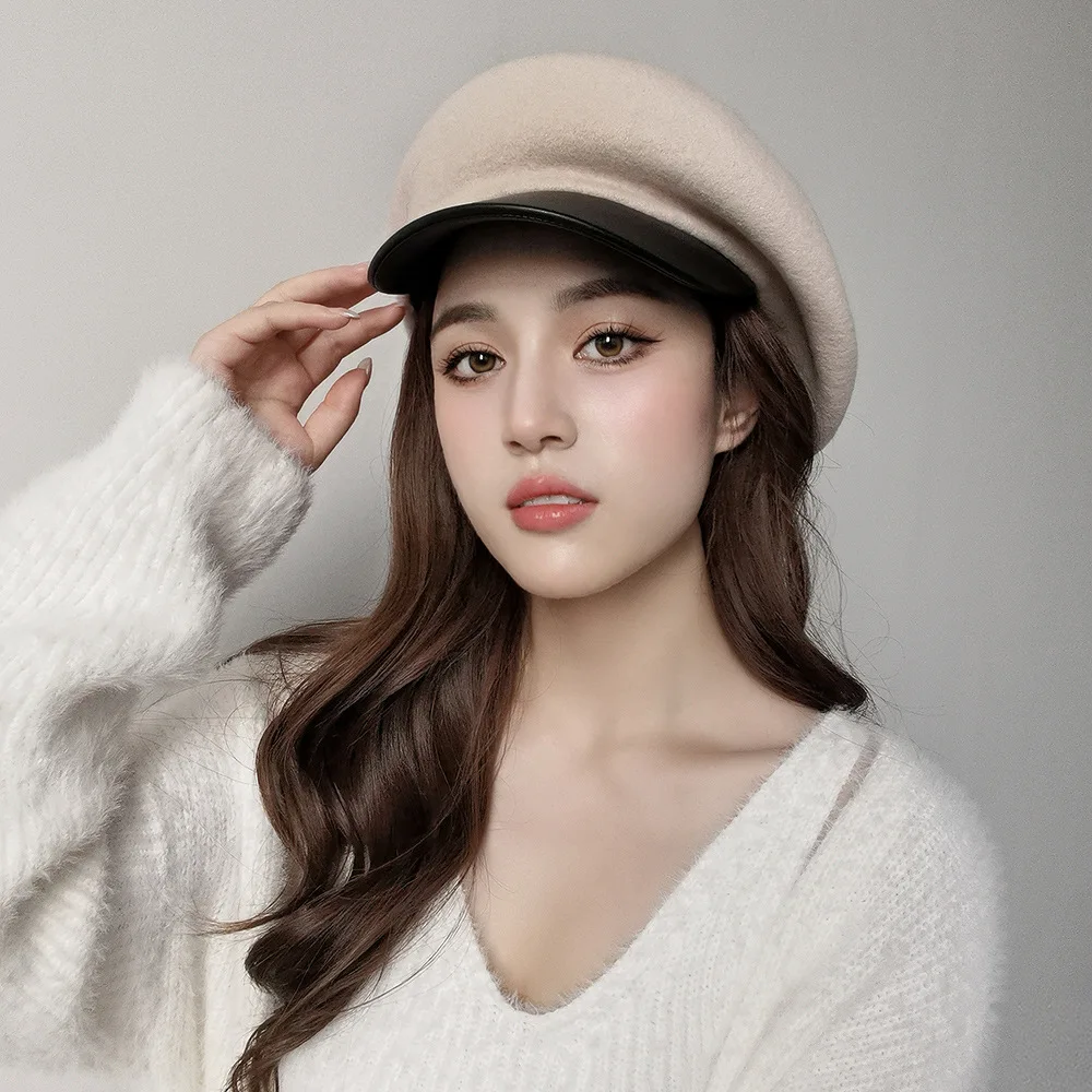 Winter Hats Woman Beret Wool Leather Brim Big Large Size  display picture 1