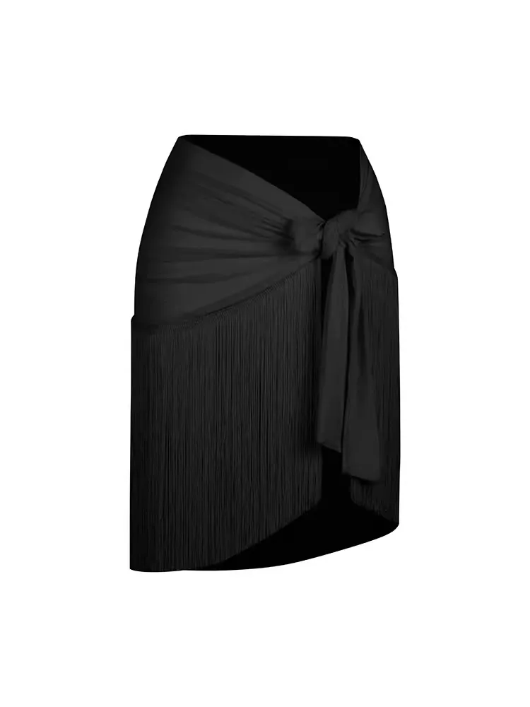 Latin Dance Long Fringe Warp Skirt Black Pink Practice Dancing Wear #2433