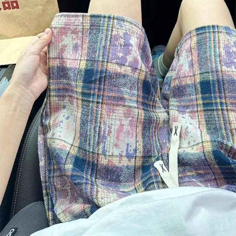 Men Casual Five Quarter Pants Tie-dye Plaid Straight Baggy American Style Breathable Beach Sports Shorts Highstreet Casual Pants
