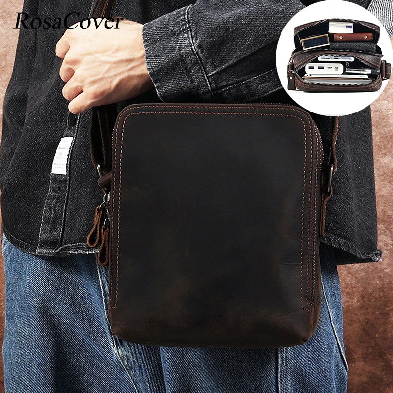 Crazy Horse Leather Men's Shoulder Bag Vintage Travel Messenger Bags Male Work Casual Crossbody Bags for Men Shoulder Sling Bag