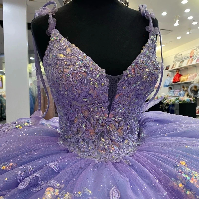 Lavanda brillante Vestido De baile De quinceañera, Apliques De encaje con cuentas, vestidos De fiesta De celebridades, Vestido De graduación con lentejuelas, 15 años