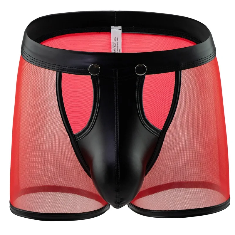 

‌Men's Mesh Faux Leather Boxers Detachable Buckle Open Front Transparent Underwear Breathable Hollow Crotch Calzoncillos Hombre