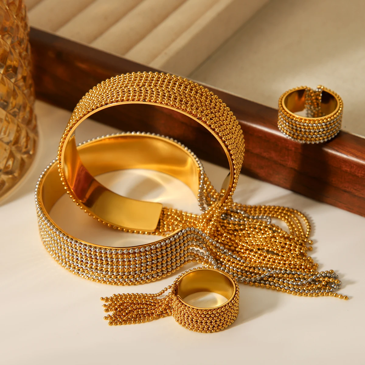 Huangchao 1Pc Bead Chain Fringed Cuff Bracelet or Open Ring for Women, Stainless Steel Plated 18K Gold Bangles Fashion Jewelry