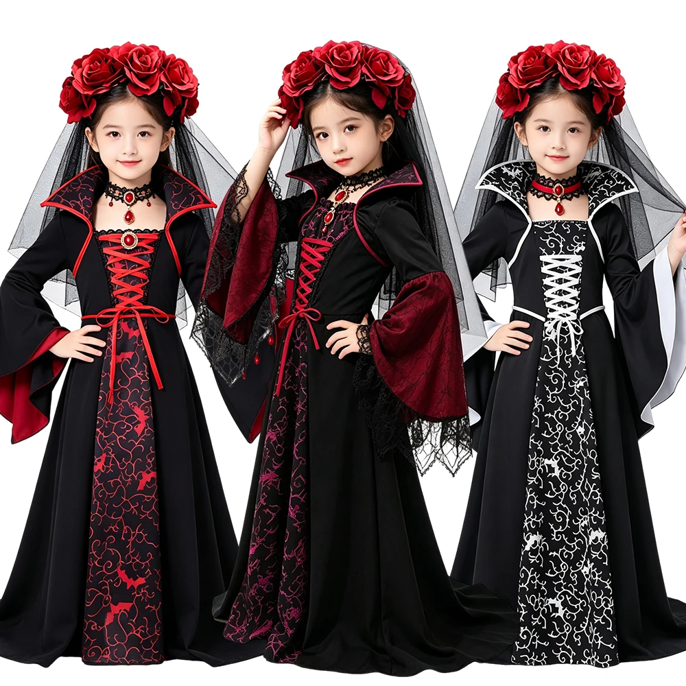 Girls Vampire Bride Cosplay Long Dress Kids Gothic Role‑Play Outfit with Flower Headwear Halloween Fancy Costume for Carnival