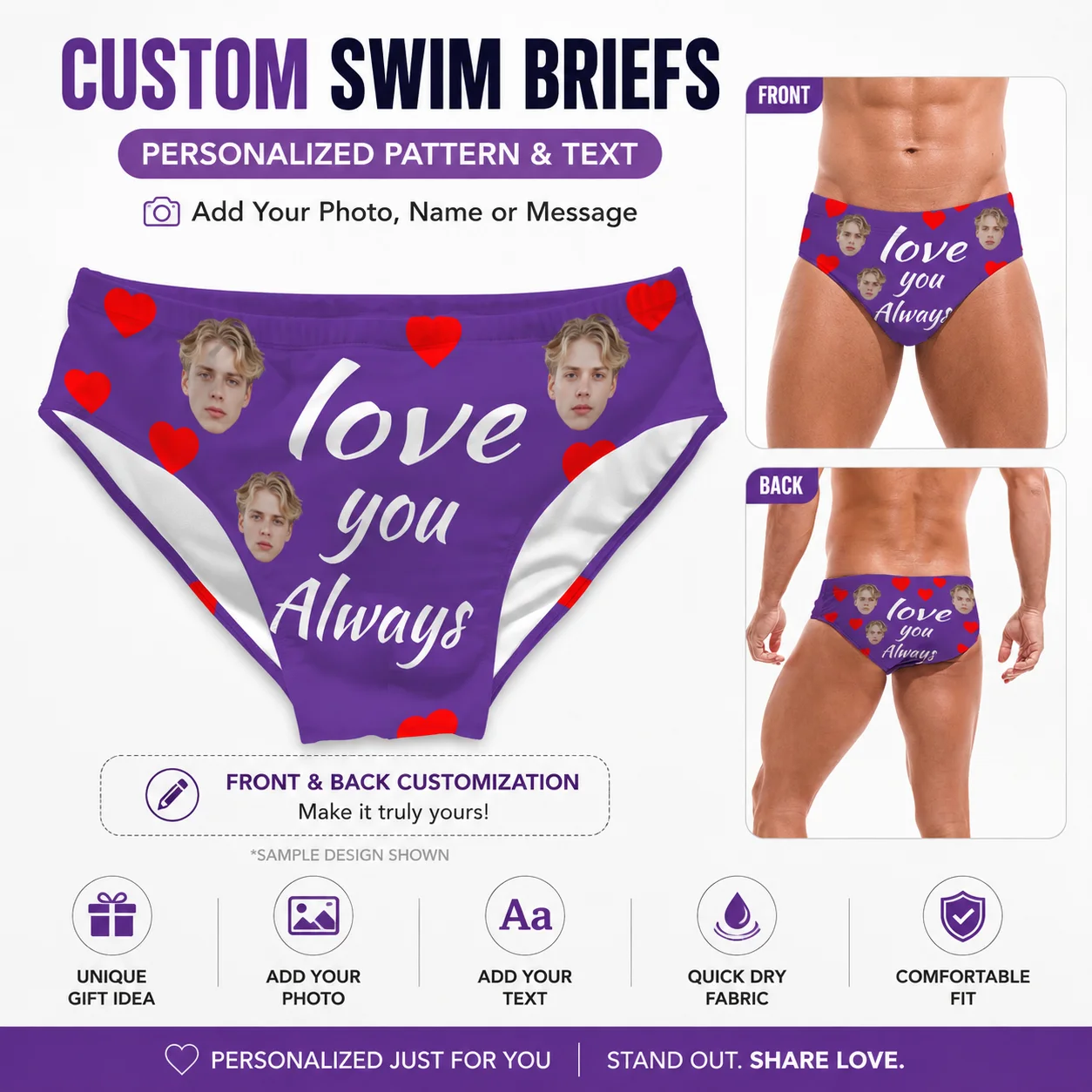 Custom DIY Red Heart Face Photo Men's Swimming Trunk Personalized Breathable Skin-friendly Men's Surf Short Unique Design Gift