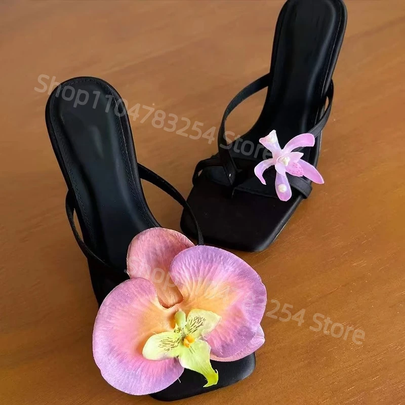 

Moth Orchid Flip Flops Slippers Satin Asymmetric Square Toe Slip On Thin Heels Sandals Women's Lovey Elegant Outdoor Dress Shoes