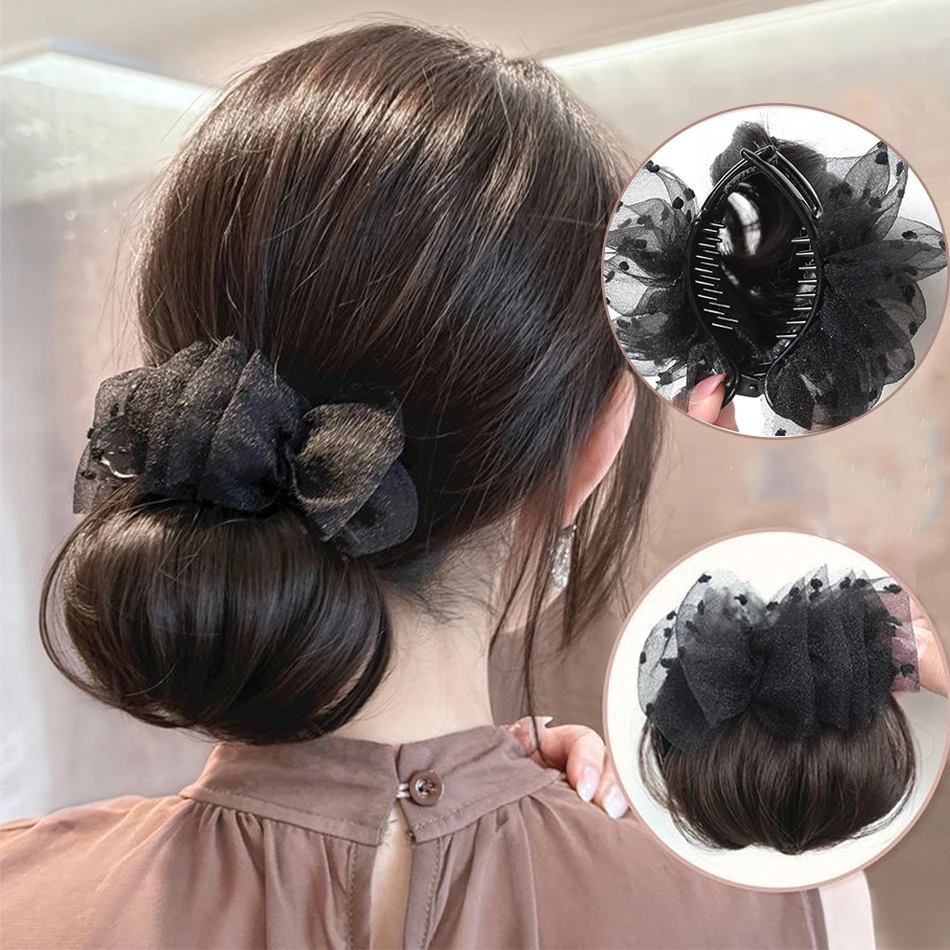 

Synthetic Claw Clip Hair Bun Extensions Tulle Decoration Balletcore Duckbill Clip Bun Hairpiece Suitable for Women Daily Use