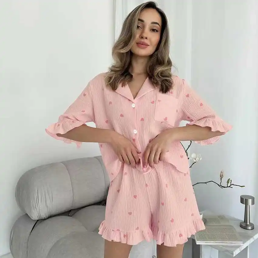 

Love Heart Print Sweet Sle Top And orts Комплект летней повседневной домашней одежды ort Sve Откидной воротник с эластичной резинкой на талии