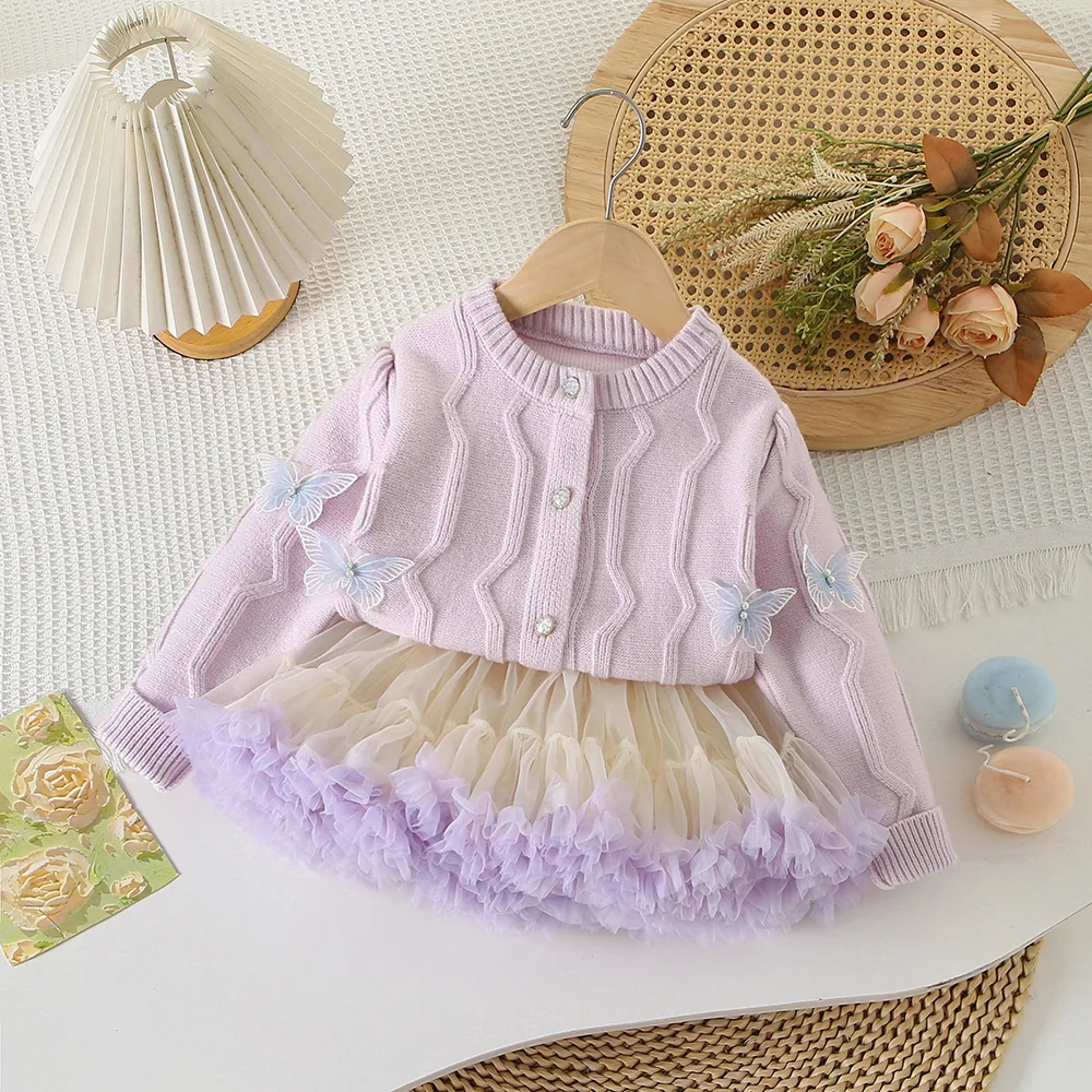 

Girls Knitted Clothes Sets Spring Autumn Children Woolen Jersey Sweaters Coats Skirts Princess Dress Suit For Baby Outfits Kids