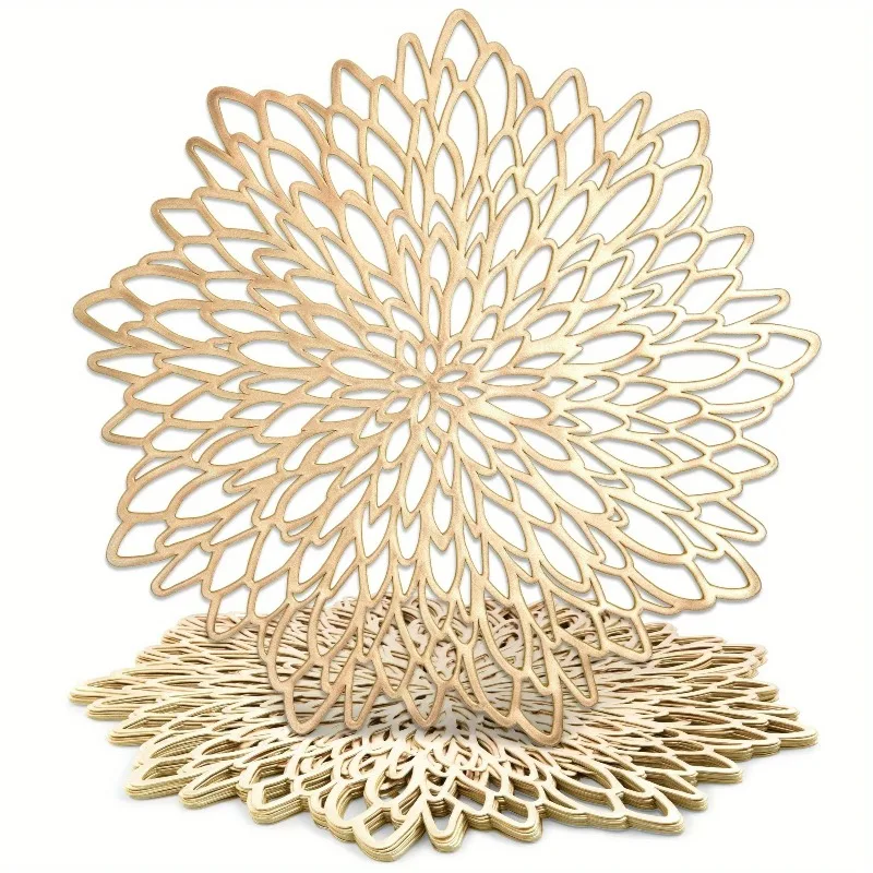 10pcs Vintage Golden Openwork Placemats PVC Elegant Round Leaf Gold Foil Placemats Hibiscus Flower Placemat Dining Table Decor
