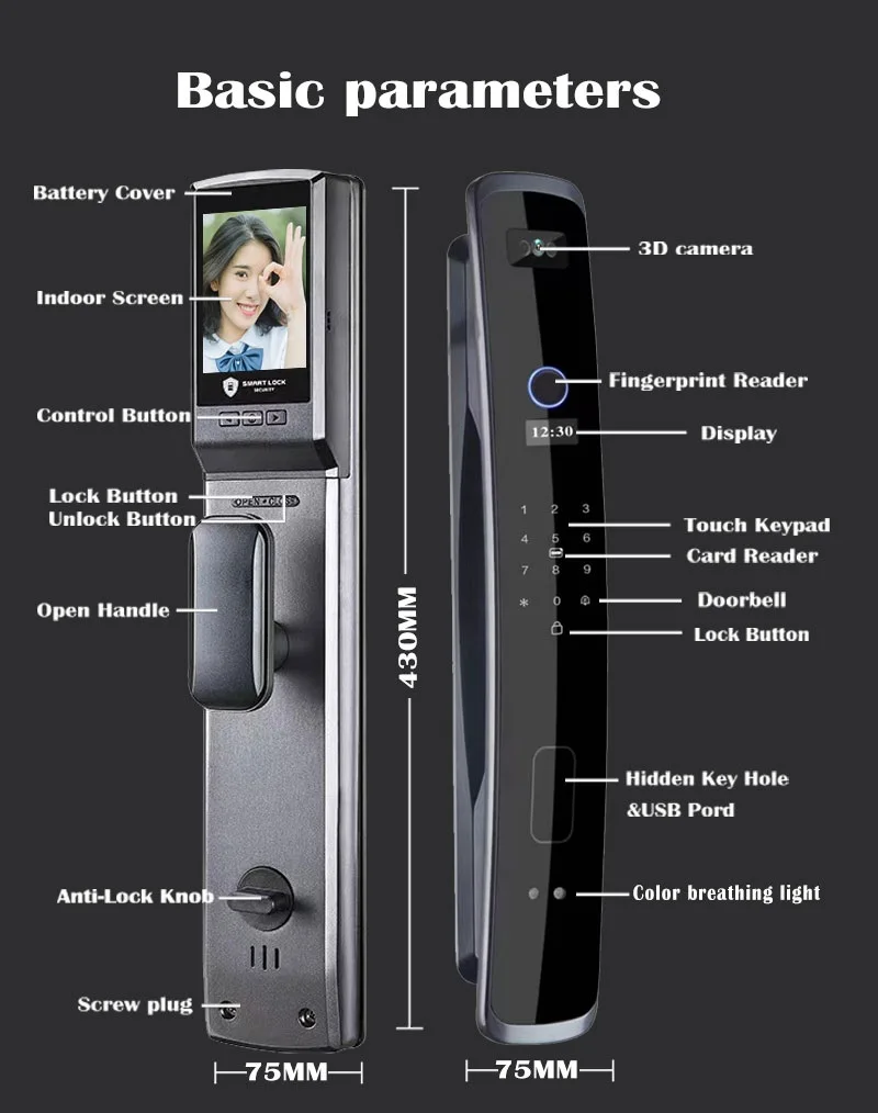 3D 얼굴 인식 지문 스마트 잠금 장치, 투야 앱, 위시홈 앱, 와이파이 키 카드, NFC RFID 코드 문짝 잠금 장치, 6068 장붓 구멍