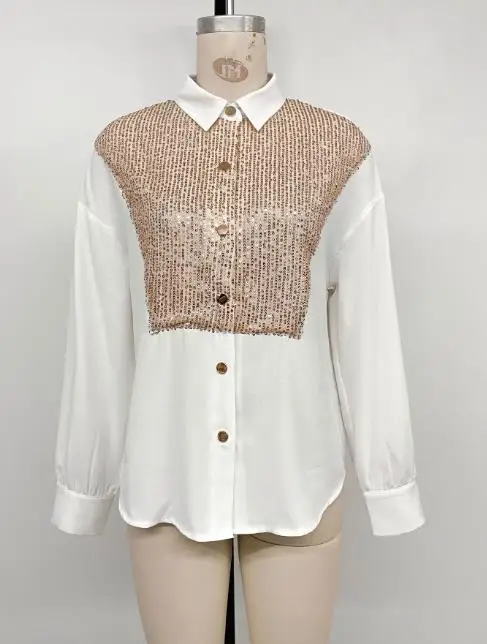 Frauen Hemd 2025, Herbst Neue Retro Party Modische Trend Pailletten Dekoration Langarm Hemd Street Fashion Retro Hemd