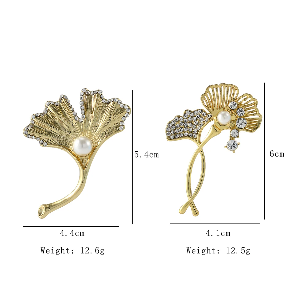 New Women Rhinestone Corsage Crystal Gingko Leaf  Shaped Lapel Pins Plant Golden Brooches Badge For Girls Clothing Decoration
