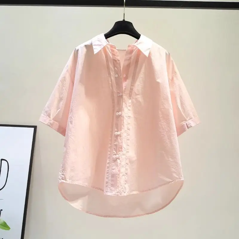 

Светло-зеленая хлопковая рубашка с отворотами на рукавах, женская, свободного кроя, летняя, новая, в корейском стиле, художественная, свободная, повседневная, с воротником