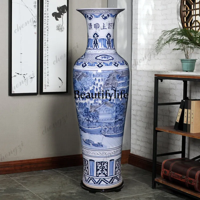 Jingdezhen hand-painted ceramics large vase Qingming Shanghe map floor-to-ceiling living room large ornament