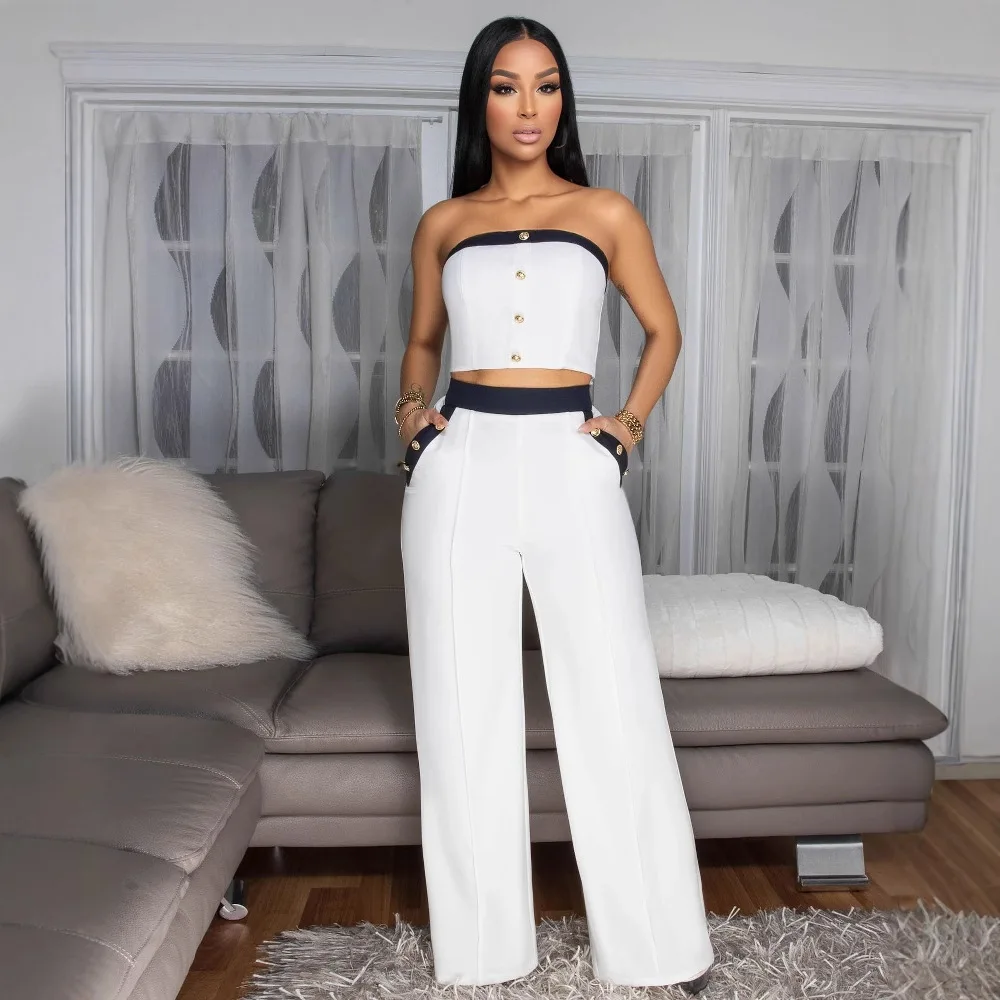 

Модный женский комплект с цветными блоками, летний сексуальный комплект с запахом на груди и пуговицами, короткий топ, широкие брюки с высокой талией, комплекты из 2 предметов, праздничный костюм