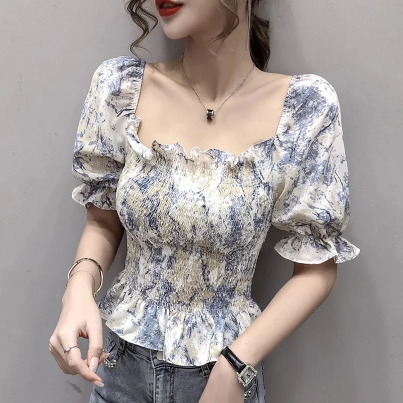 Sexy Summer Chiffon Blouses Women 2024 Fashion Casual Floral Printed Crop Corset Top Blouse Freach y2k Puff Sleeve Bustier Tops