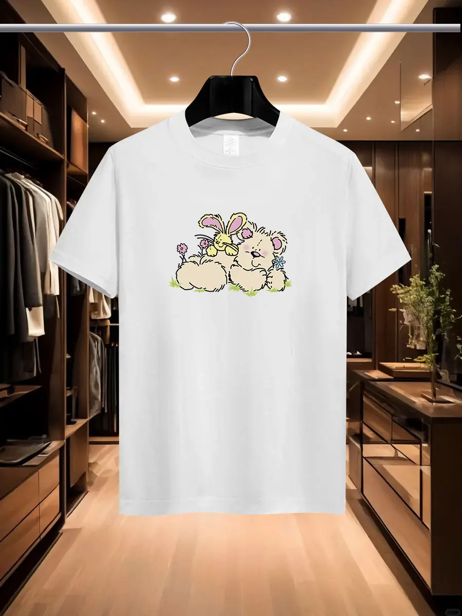 

2025 Summer Men's Luxurious and fashionable cartoon Bear brand printed T-shirt, pure cotton round neck, casual and trendy Y2K