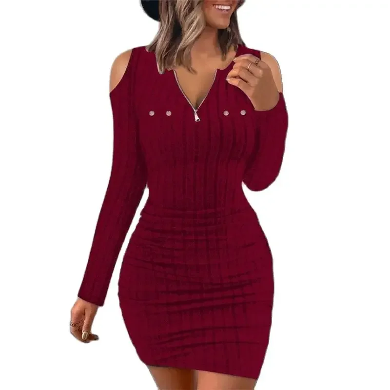 

Fashion Off The Shoulder Long Sleeve Dress Women Sexy Slim Wrap Hip Gown Female Commuter Casual V Neck Zipper Pit-stripe Dresses