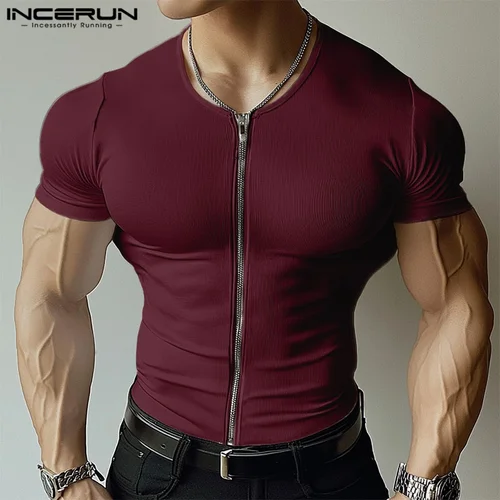 Imagen 2 del producto INCERUN Tops 2025 estilo americano moda nueva camiseta con diseño de cremallera de textura sólida para hombre Casual Simple Camiseta de manga corta para hombre