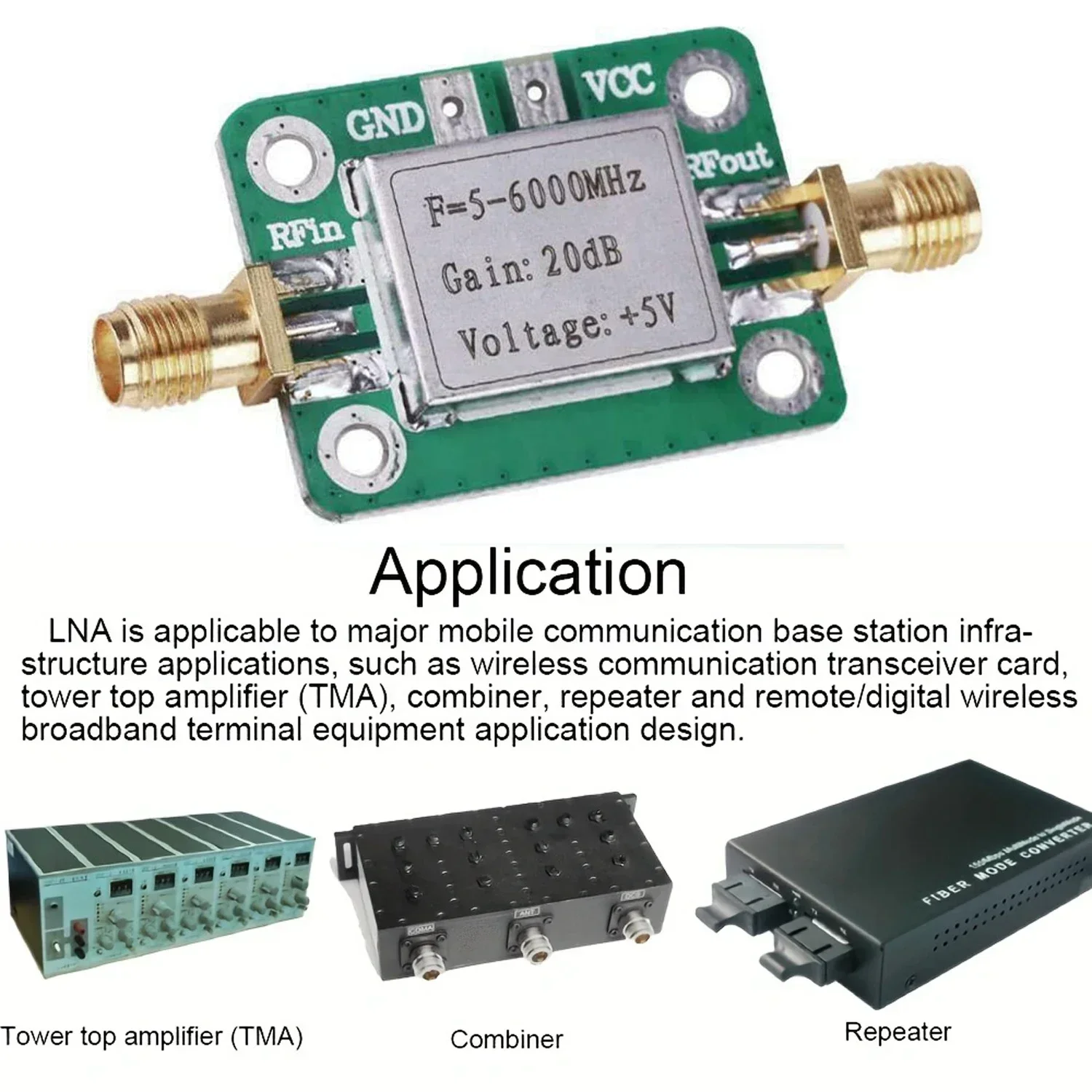 Low Noise RF Amplifier: SPF5189 LNA for 50-4000MHz/5-6000MHz, gain range from 0.6dB to 20dB, shielded board configuration