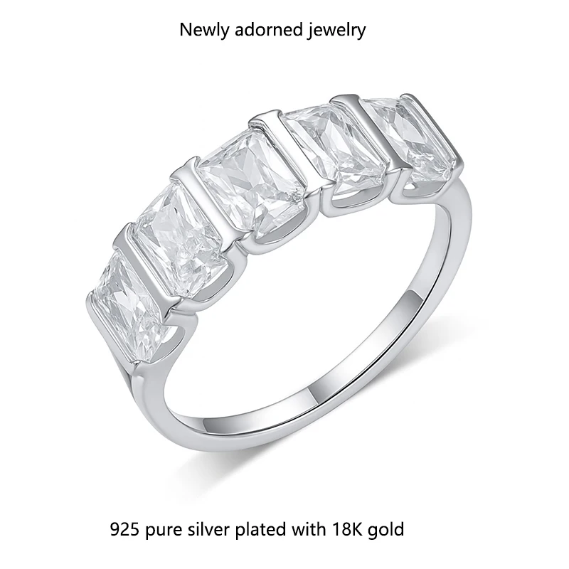 

S925 silver moissanite ring with five rectangular cut stones, full pave design, golden shimmer, women's bestseller, hot selling