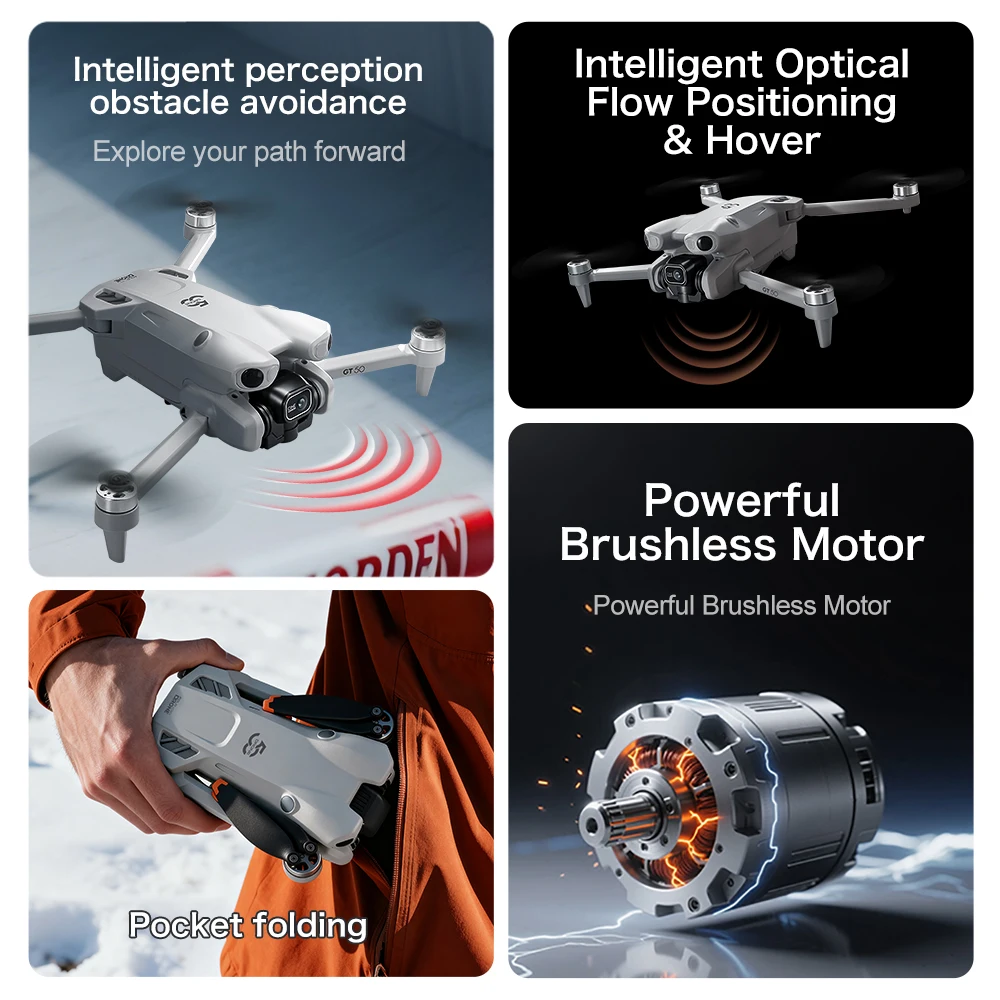 GISAEV GT50 Mini 5 Pro Drohne mit 4,3-Zoll-Bildschirm, 4K-Doppelkamera, EIS, bürstenloser Motor, lange Akkulaufzeit, FPV RC Quadcopter, Geschenk