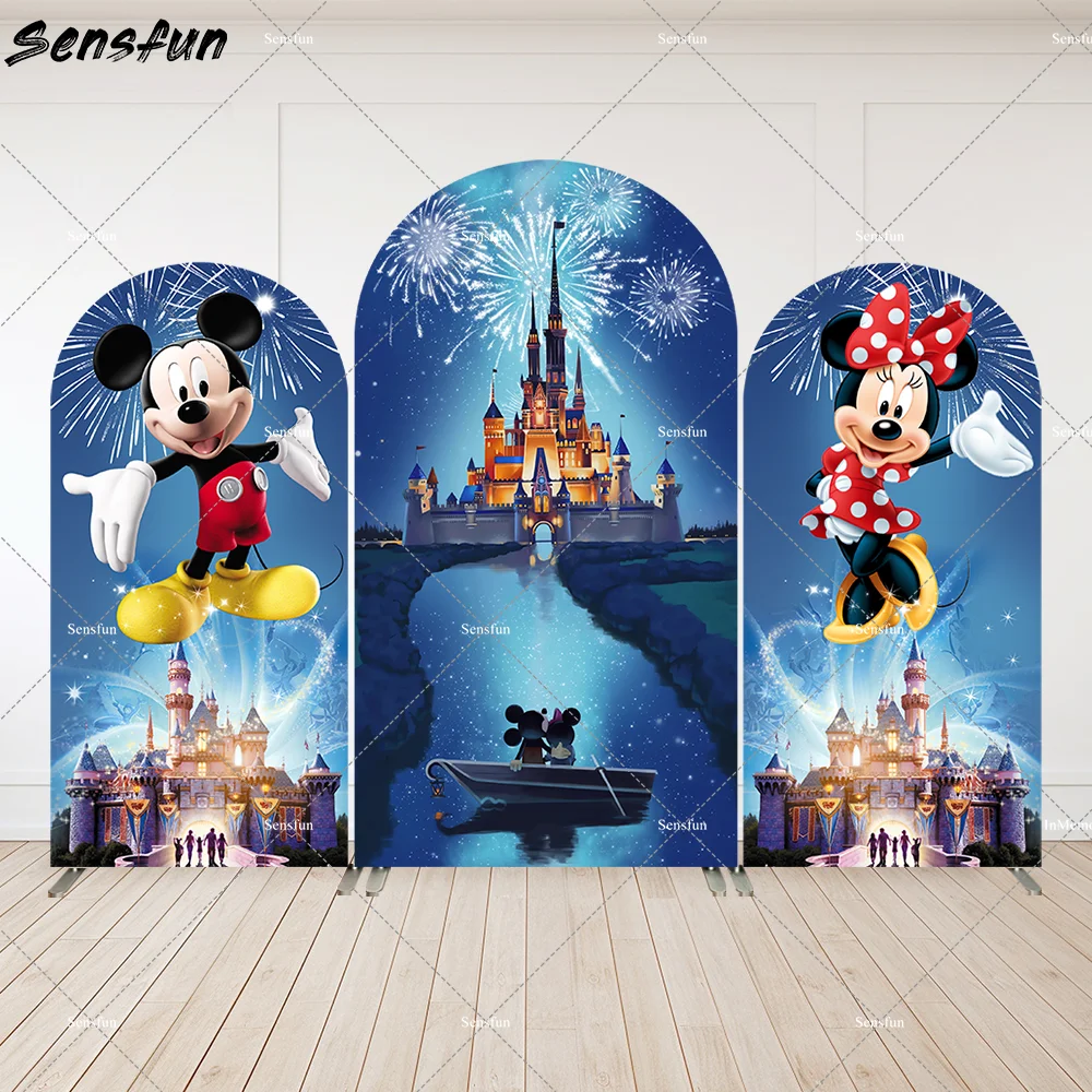 Mickey Minnie Mouse Arch Cover Backdrop Disneyland Night Scene Fantasy Castle Background for Children Birthday Party Decoration