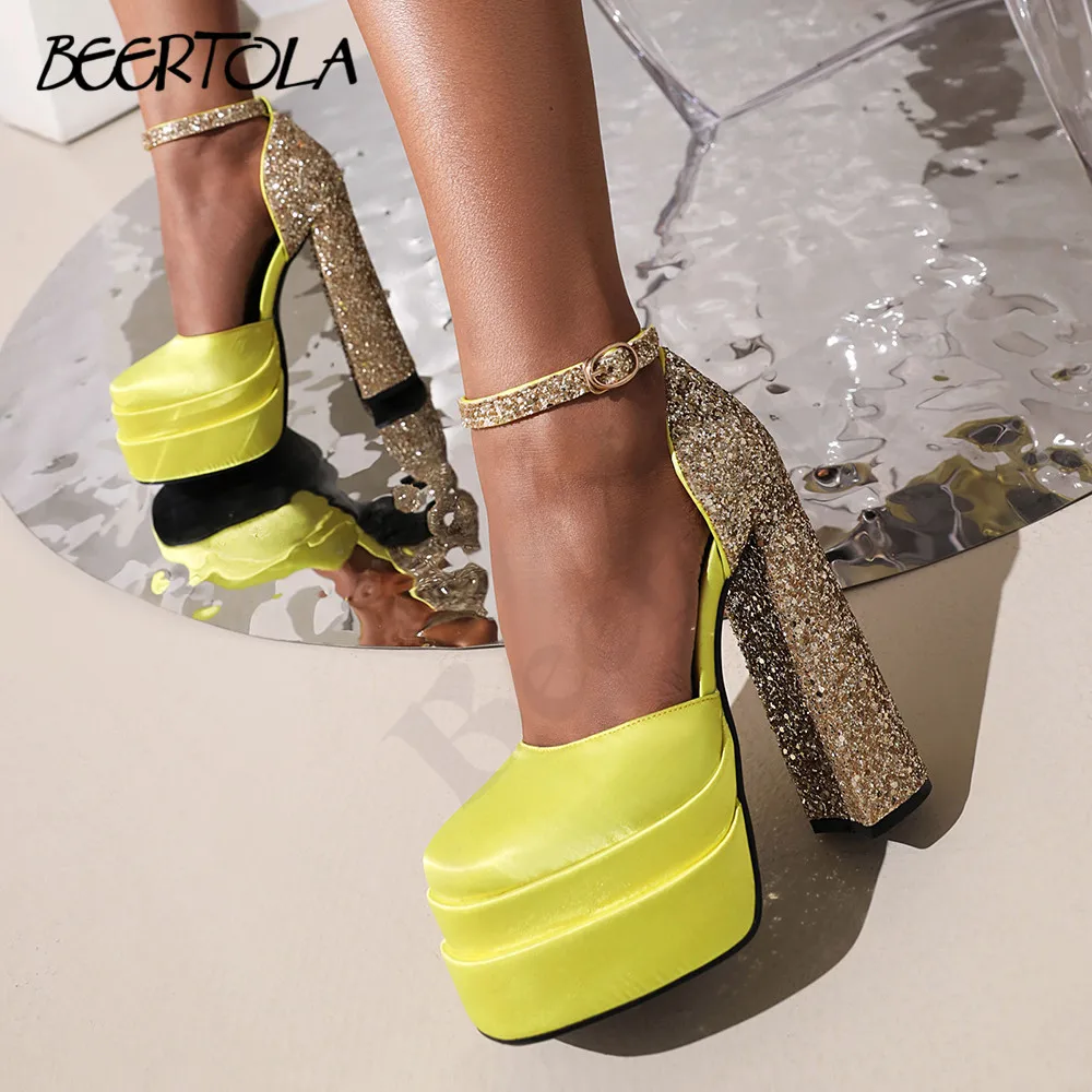 

Women's Satin Sequined Thick High-Heeled Sandals Square Toe Double-Layer Platform Hollow Sandals Large Size High Heels