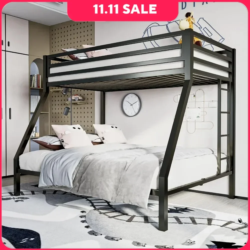 Metal Bunk Bed, Twin Over Full Size Beds with Sturdy Guard Rail & Removable Ladder, Space-Saving/Noise-Free/Matte Black Beds