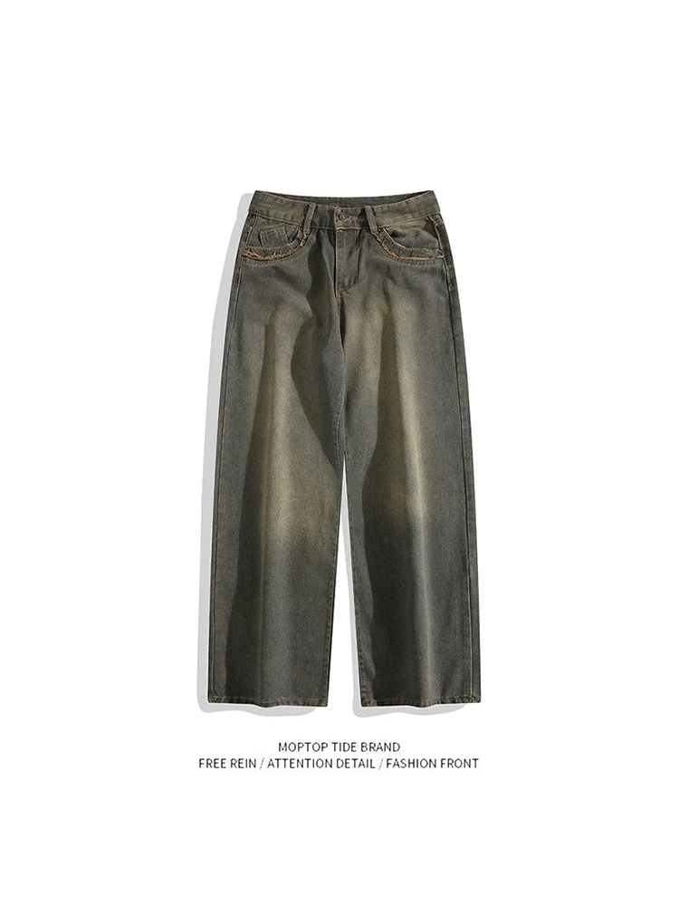 

Waed Vintage Men's Jeans American Hip Hop Vibe ey Cement Trendy Retro Wide Leg Long Pants Casual Cotton Denim Harlan Sle