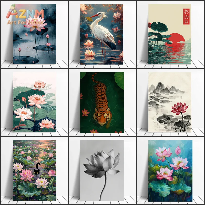 AZNM Oriental Pink Lotus Pond Canvas Wall Art Japanese Water Lily Botanical Illustration Unframed Canvas Painting for Living Roo